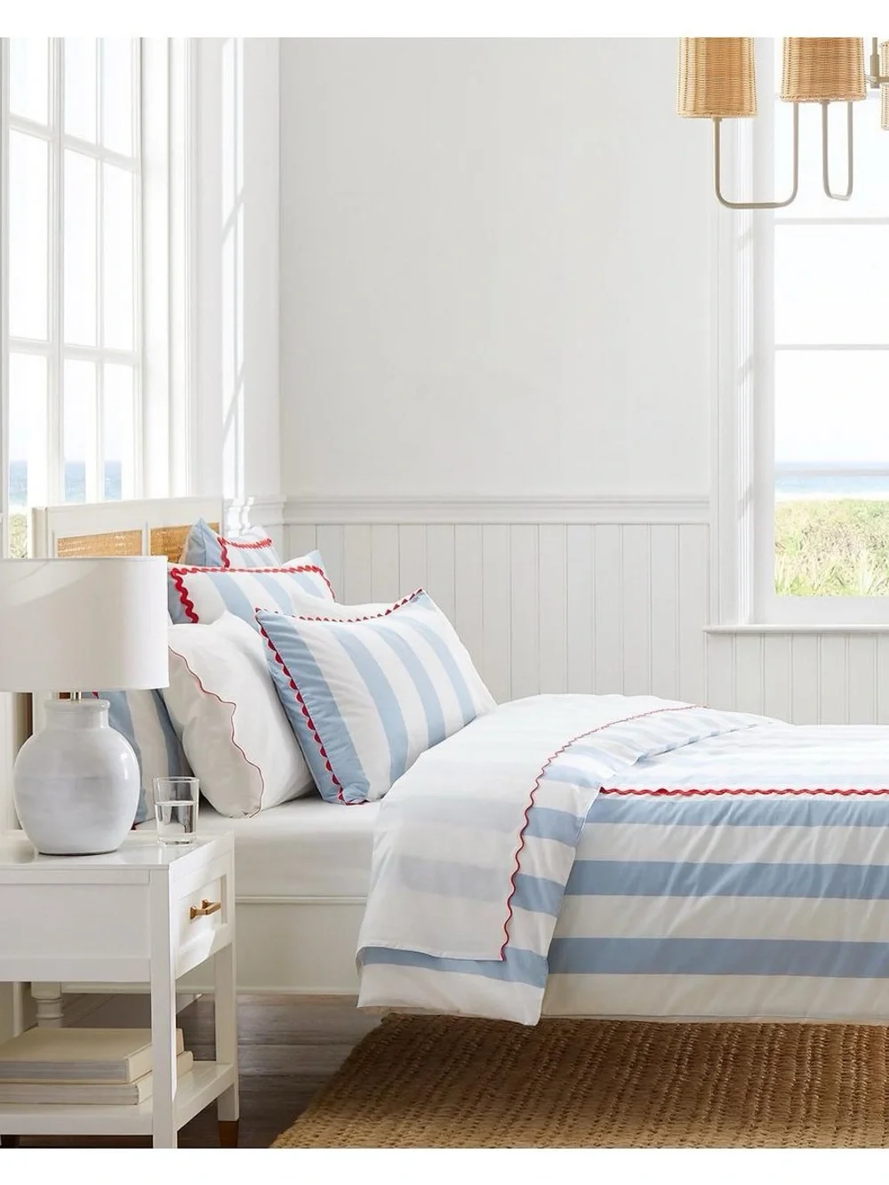 Serena & Lily Blue and White Striped Duvet Cover with Red Trim